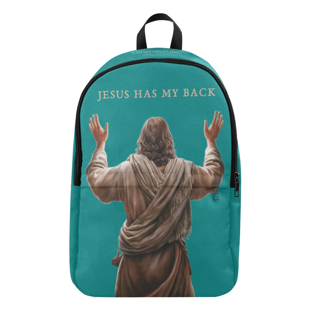 Backpack with a graphic of Jesus with outstretched arms and 'Jesus Has My Back' text on a teal backpack.