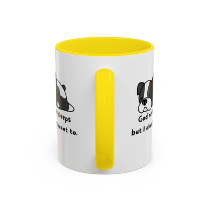 Christian "God never sleeps" 11 oz and 15oz Accent Mug, multiple colors, Christian Mug