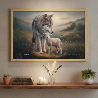 Framed - Wolf and Lamb Christian Canvas, Wooden Frame