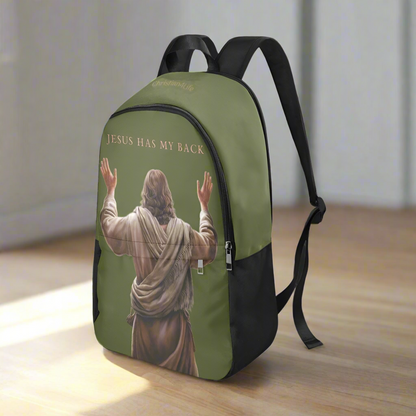 "Jesus Has My Back" Christian Backpack-Black Side Accent (Choose Green or Blue shades)