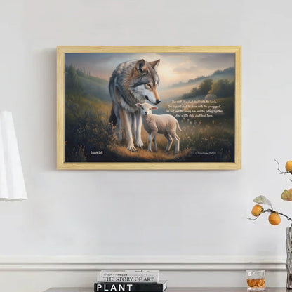 Wolf and Lamb with Isaiah 11:6 Quote, Christian Canvas, Wooden Frame