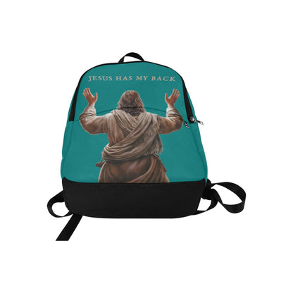 Backpack with a graphic of Jesus with arms raised and 'Jesus Has My Back' text on a teal backpack.