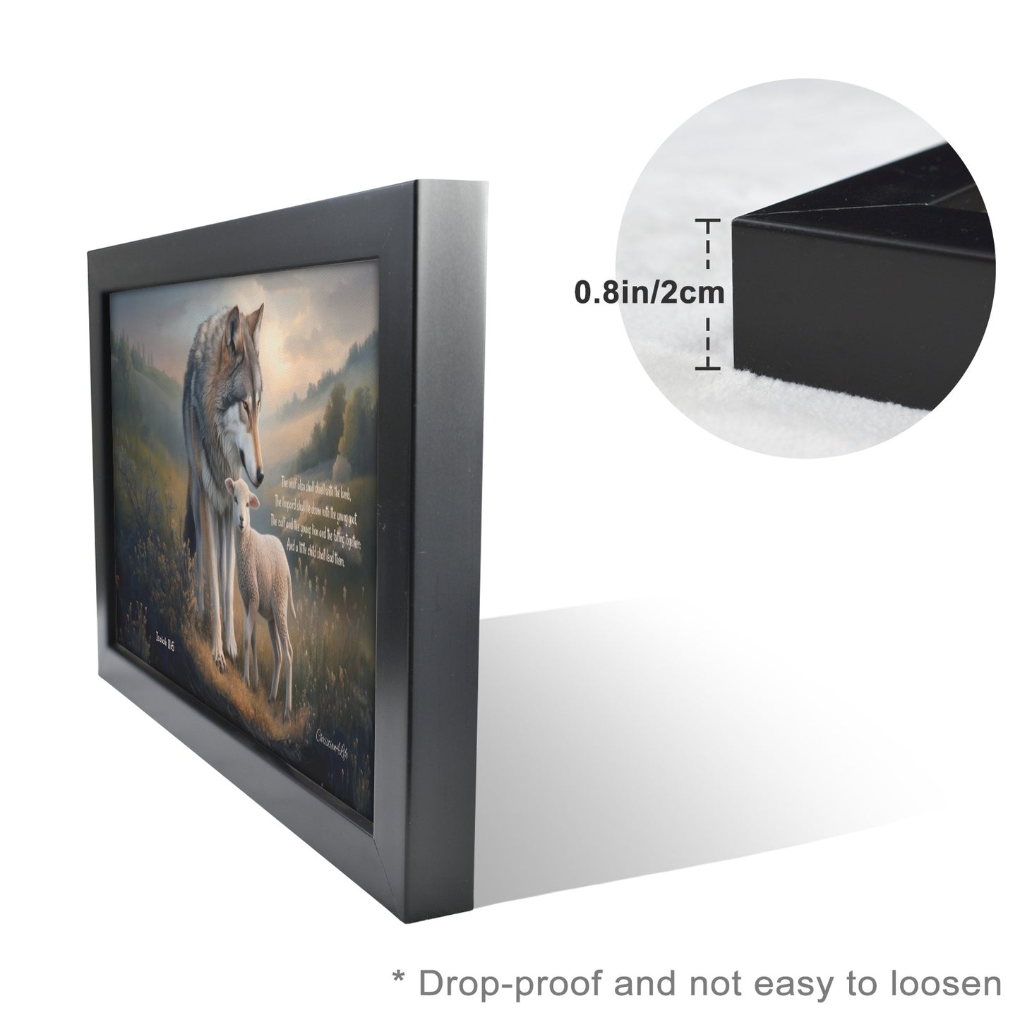 Framed - Wolf and Lamb with Isaiah 11:6 Quote, Christian Canvas, Black Frame
