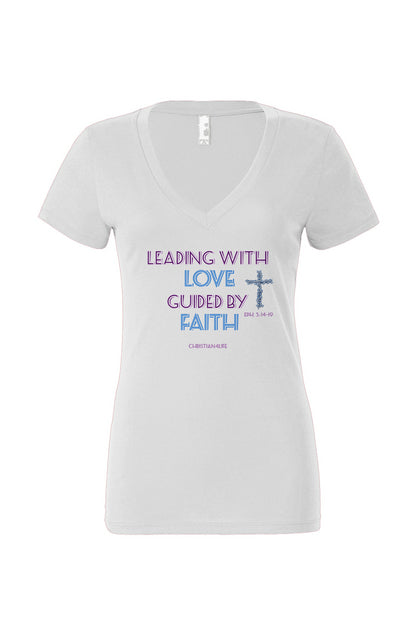 Leading with Love-Women's Jersey Short Sleeve Deep V-Neck Tee T-Shirt Christian4Life