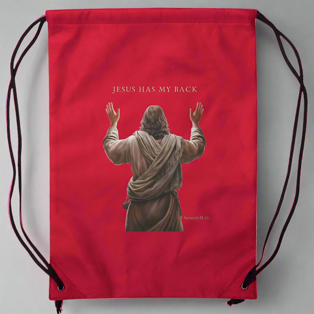 "Jesus Has My Back" Non-Woven Drawstring Backpack 14" x 18" bags Christian4Life