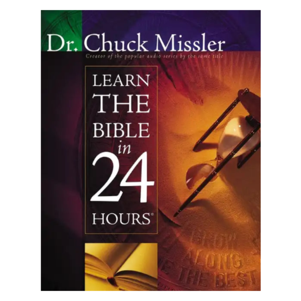 Book cover of 'Learn the Bible in 24 Hours' by Dr. Chuck Missler with a purple and gold background.