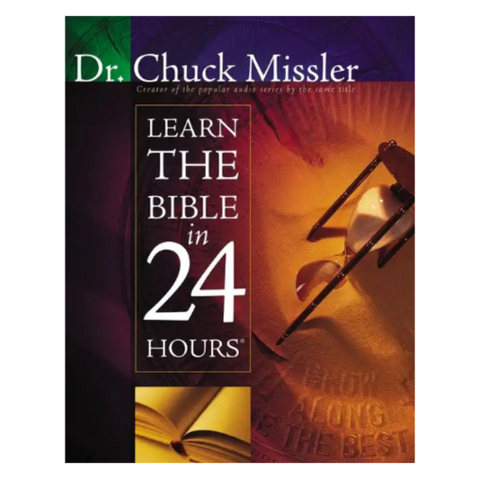 Book cover of 'Learn the Bible in 24 Hours' by Dr. Chuck Missler with a purple and gold background.