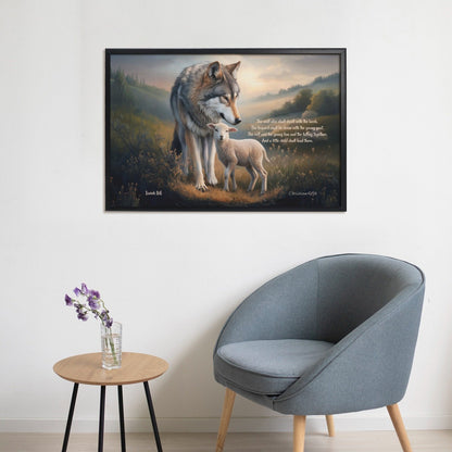 Framed - Wolf and Lamb with Isaiah 11:6 Quote, Christian Canvas, Black Frame