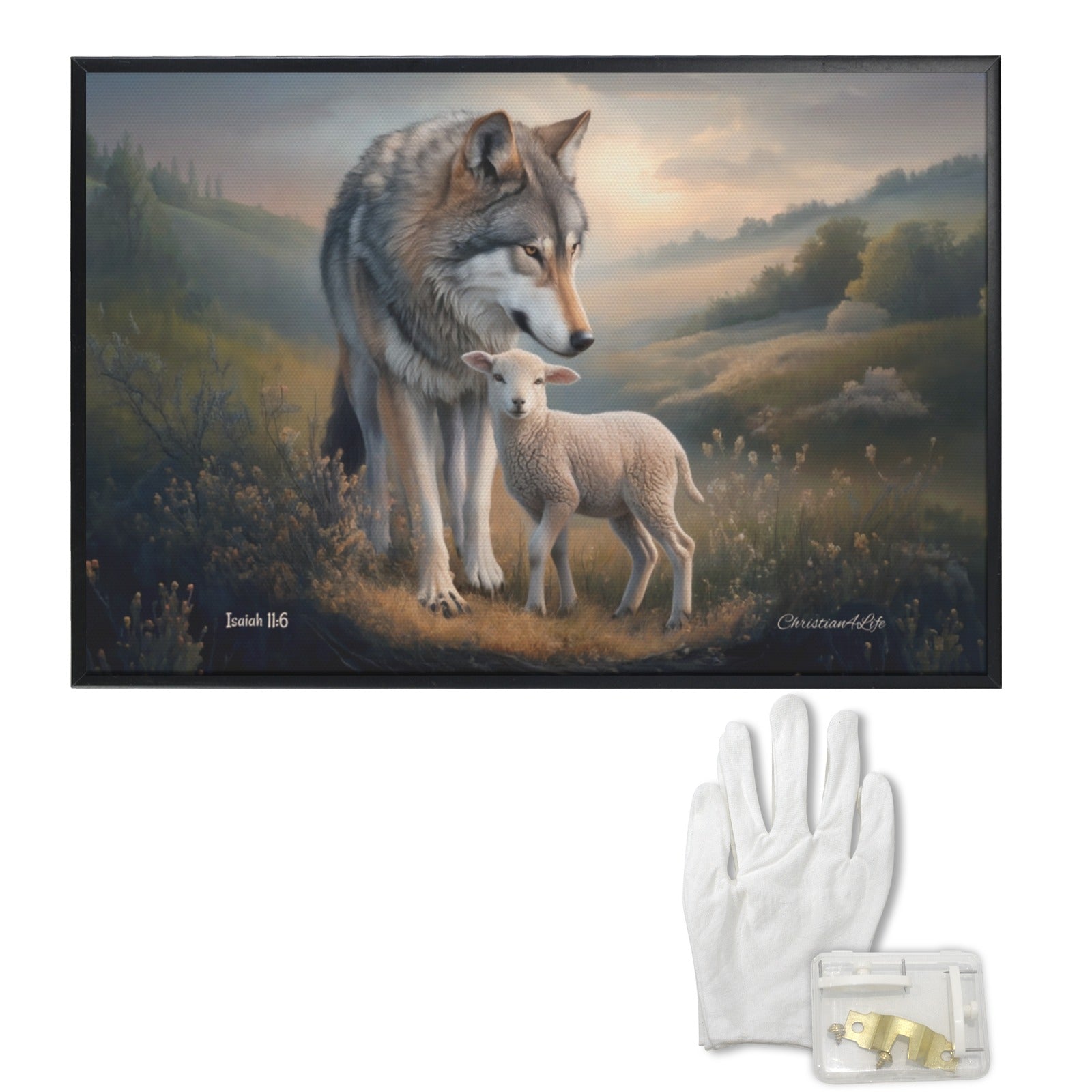 Framed artwork of a wolf and lamb