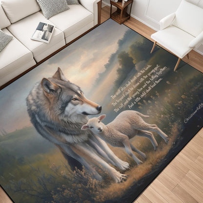 Wolf and Lamb Area Rug — With Isaiah 11:6 Quote - Christian Rug with Black Binding 84" x 60"