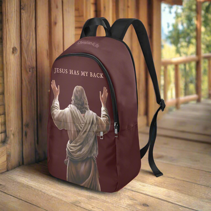 "Jesus Has My Back" Graphic design Christian Backpack (Choose Brown Shade)