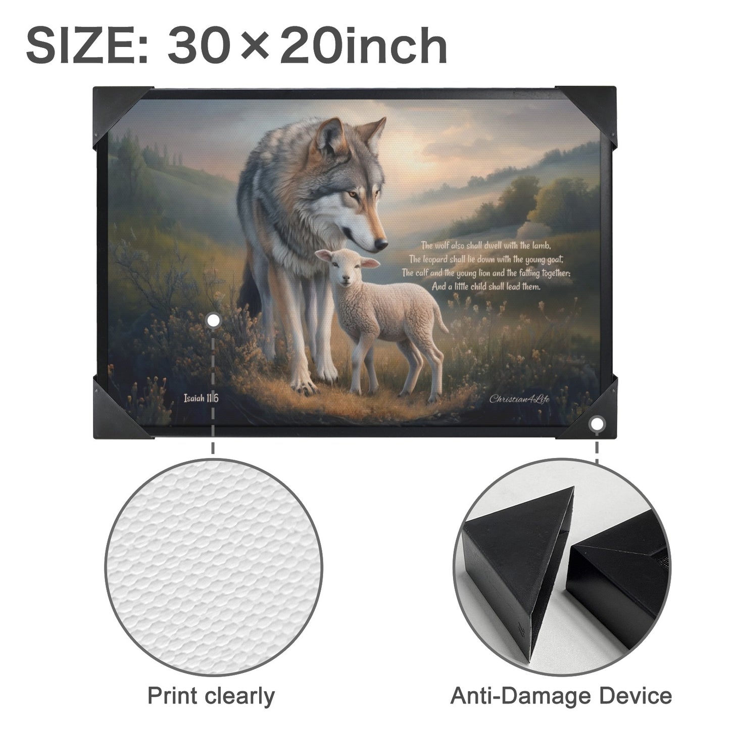 Framed - Wolf and Lamb with Isaiah 11:6 Quote, Christian Canvas, Black Frame