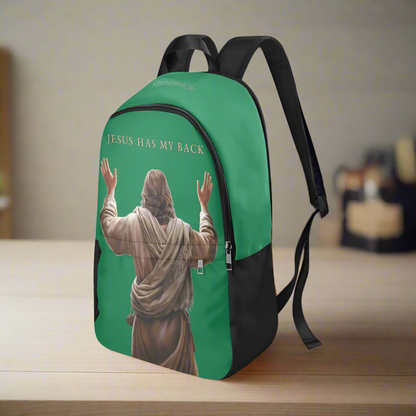 "Jesus Has My Back" Christian Backpack-Black Side Accent (Choose Green or Blue shades)