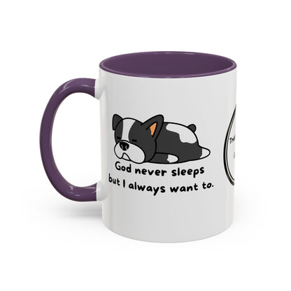 Christian "God never sleeps" 11 oz and 15oz Accent Mug, multiple colors, Christian Mug