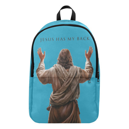 Backpack with a depiction of Jesus and 'Jesus Has My Back' text on a blue background