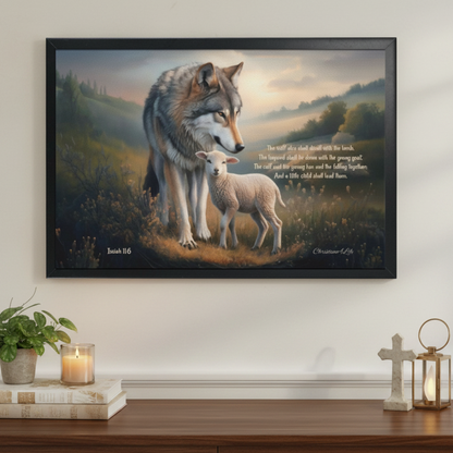 Framed - Wolf and Lamb with Isaiah 11:6 Quote, Christian Canvas, Black Frame