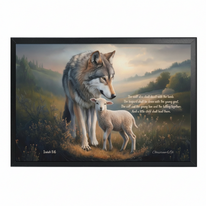 Framed - Wolf and Lamb with Isaiah 11:6 Quote, Christian Canvas, Black Frame