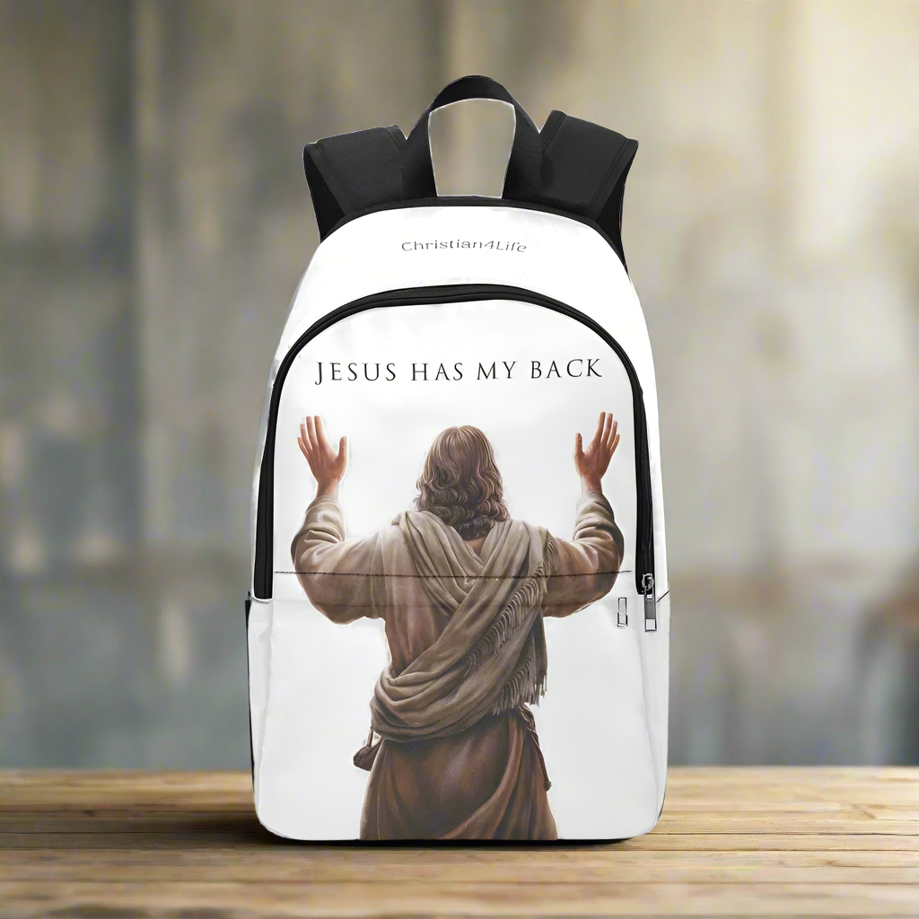 "Jesus Has My Back" Graphic design Christian Backpack (white)