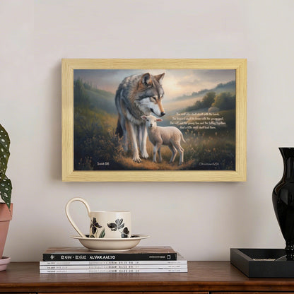 Wolf and Lamb with Isaiah 11:6 Quote, Christian Canvas, Wooden Frame