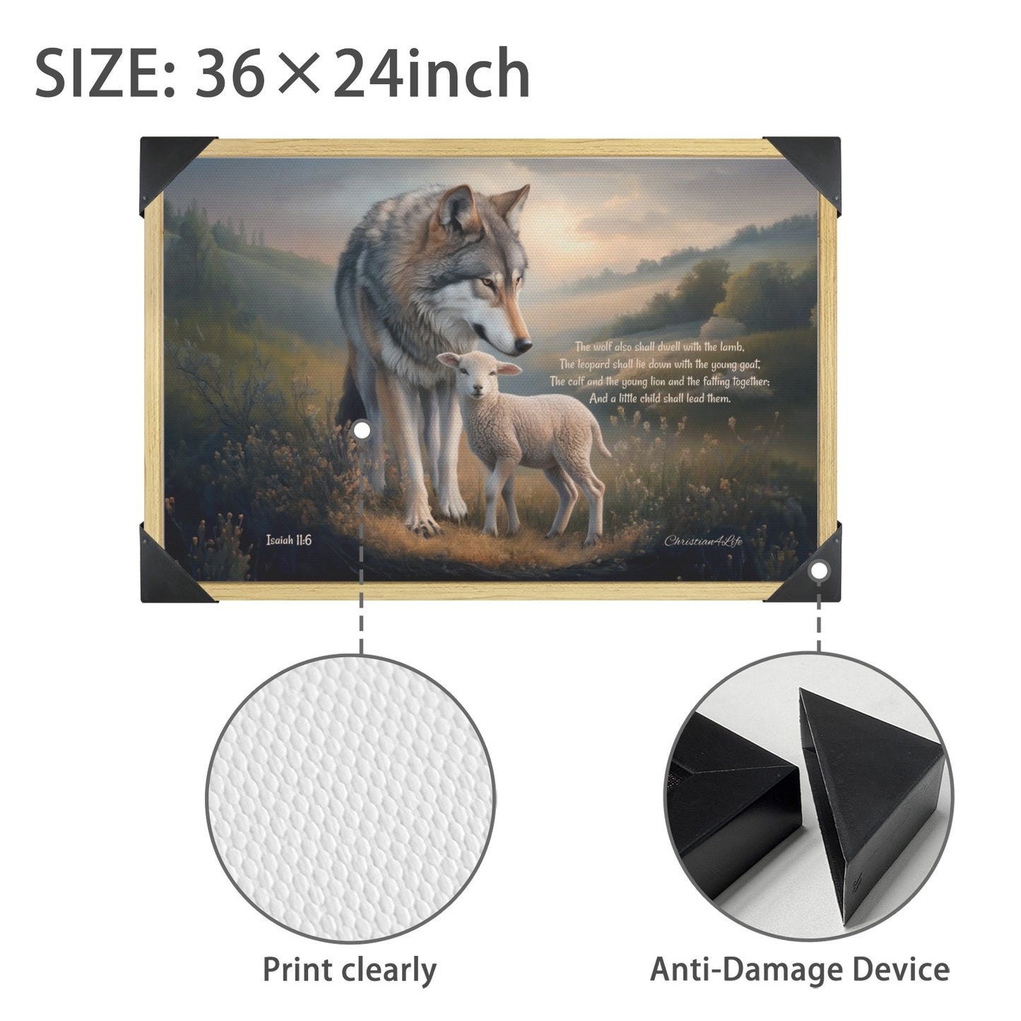 Wolf and Lamb with Isaiah 11:6 Quote, Christian Canvas, Wooden Frame