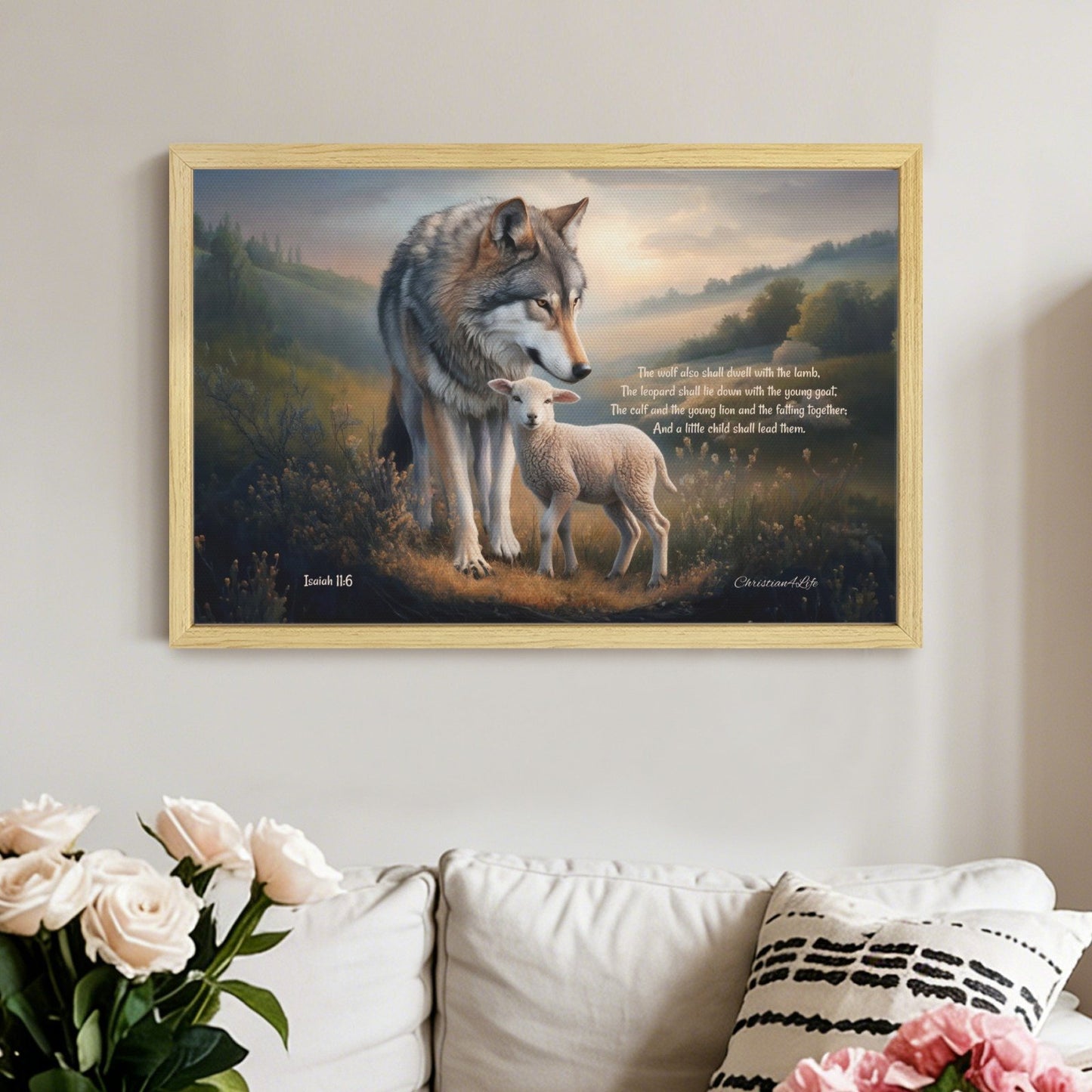 Wolf and Lamb with Isaiah 11:6 Quote, Christian Canvas, Wooden Frame