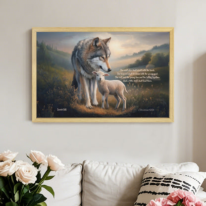 Wolf and Lamb with Isaiah 11:6 Quote, Christian Canvas, Wooden Frame