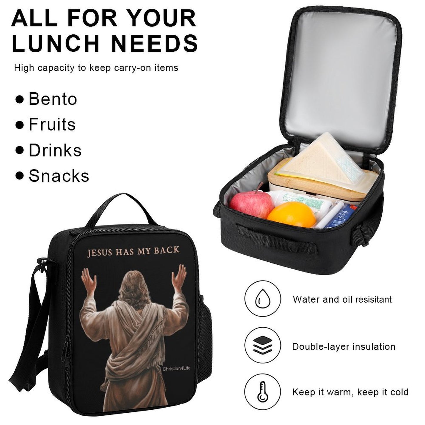 Lunch bag with 'Jesus Has My Back' design, open to show contents, on a white background.