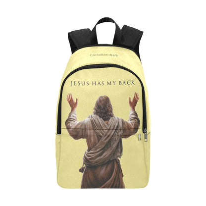 Backpack with a printed design of Jesus with arms outstretched and 'Jesus Has My Back' text on a yellow background.