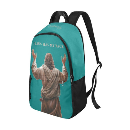 "Jesus Has My Back" Christian Backpack-Black Side Accent (Choose Green or Blue shades)