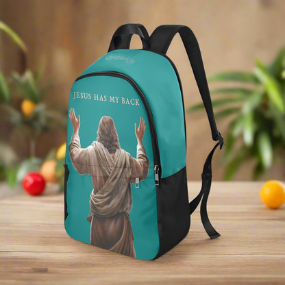 "Jesus Has My Back" Christian Backpack-Black Side Accent (Choose Green or Blue shades)