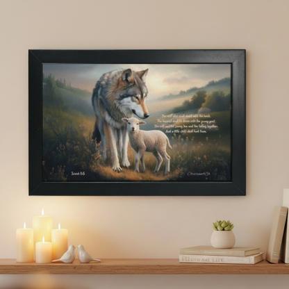 Framed - Wolf and Lamb with Isaiah 11:6 Quote, Christian Canvas, Black Frame