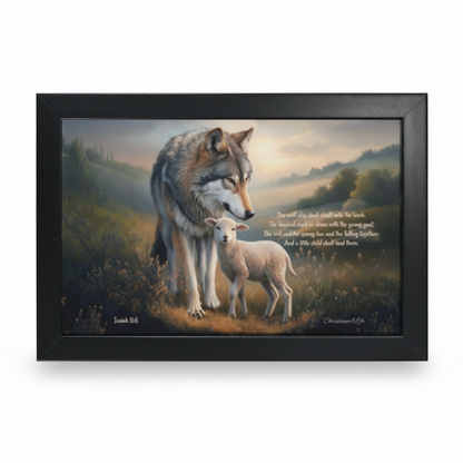 Framed - Wolf and Lamb with Isaiah 11:6 Quote, Christian Canvas, Black Frame