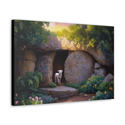 He is Risen, Tomb and Lamb Christian Wall Art Canvas, Easter (multiple sizes)