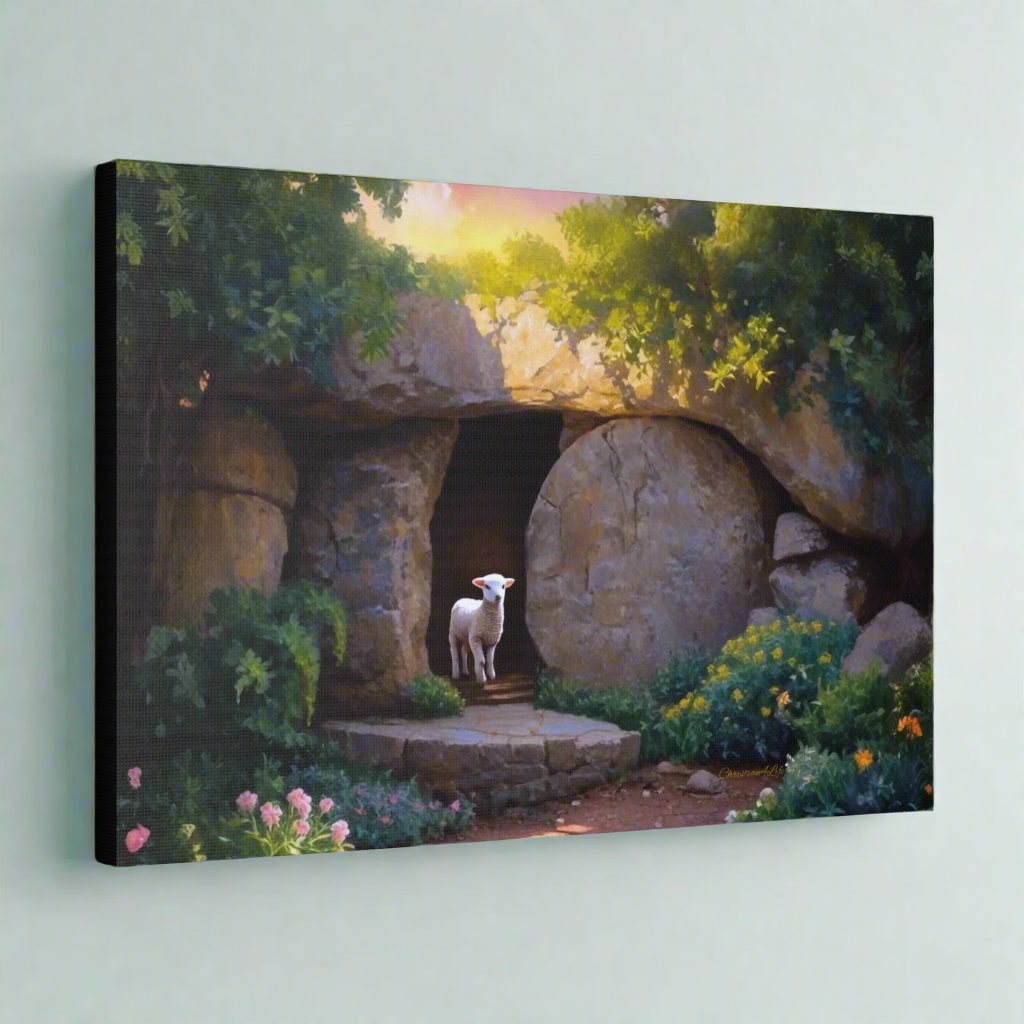 He is Risen, Tomb and Lamb Christian Wall Art Canvas, Easter (multiple sizes)