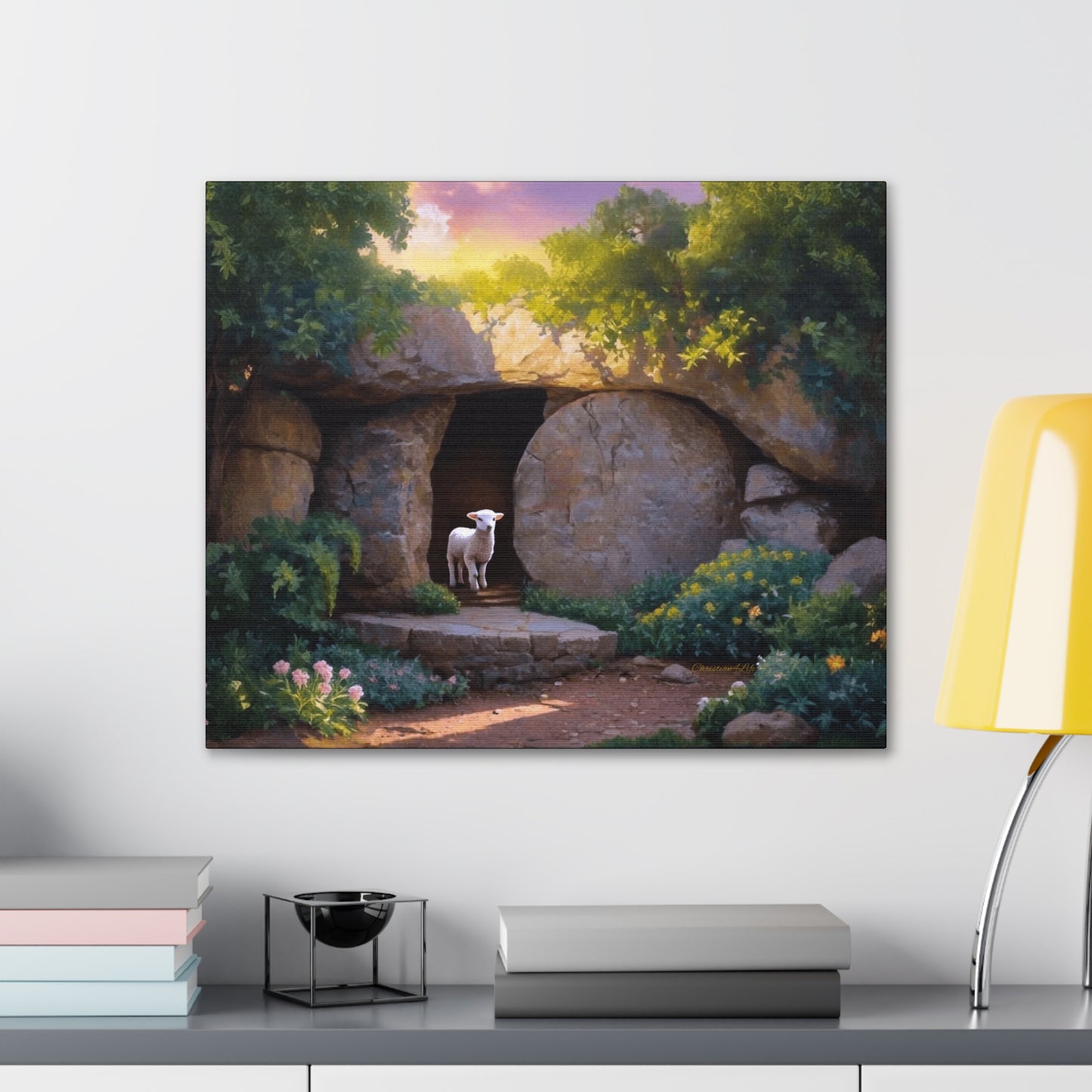 He is Risen, Tomb and Lamb Christian Wall Art Canvas, Easter (multiple sizes)