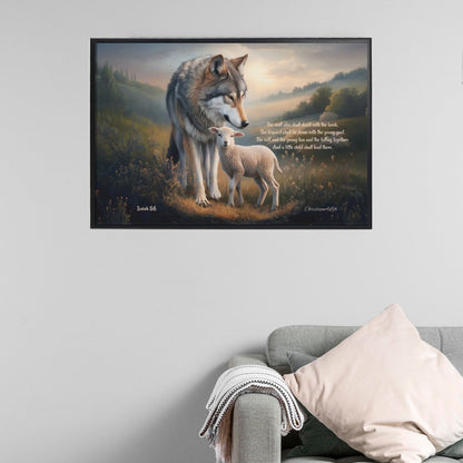 Framed - Wolf and Lamb with Isaiah 11:6 Quote, Christian Canvas, Black Frame
