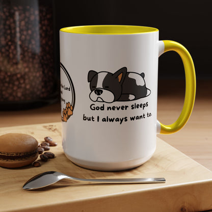 Christian "God never sleeps" 11 oz and 15oz Accent Mug, multiple colors, Christian Mug
