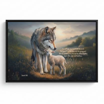 Framed - Wolf and Lamb with Isaiah 11:6 Quote, Christian Canvas, Black Frame