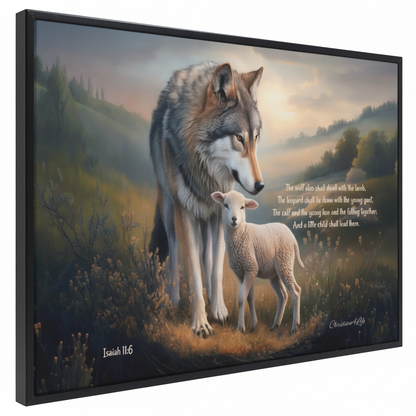 Framed - Wolf and Lamb with Isaiah 11:6 Quote, Christian Canvas, Black Frame