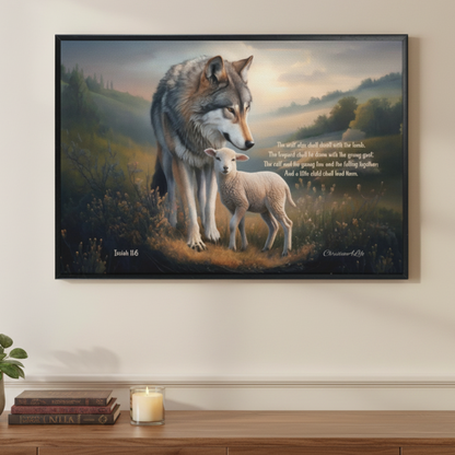 Framed - Wolf and Lamb with Isaiah 11:6 Quote, Christian Canvas, Black Frame