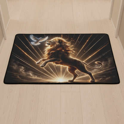 Lion of Judah and the Holy Spirit Area Rug with Golden Rays - Black Binding 31"x20"