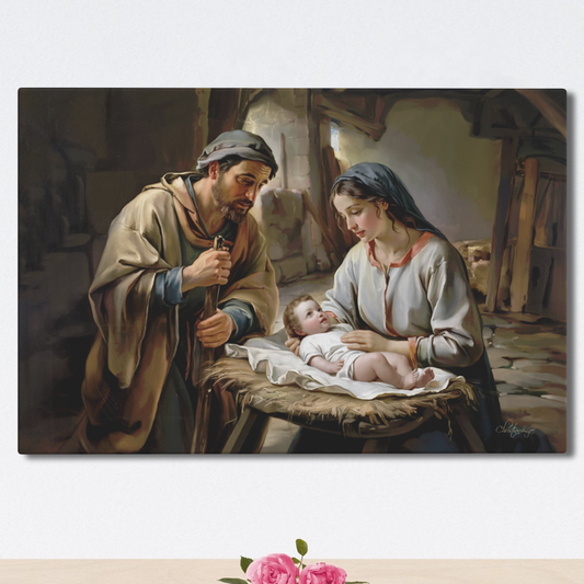 Painting of Joseph and Mary holding baby Jesus in a rustic setting