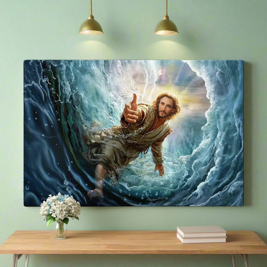 Jesus Reaches Down to Rescue and Lift You Out of the Water - Christian Gallery Wrapped Canvas Wall Art Print