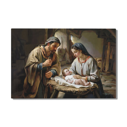 Painting of a man and woman holding a baby in a rustic setting