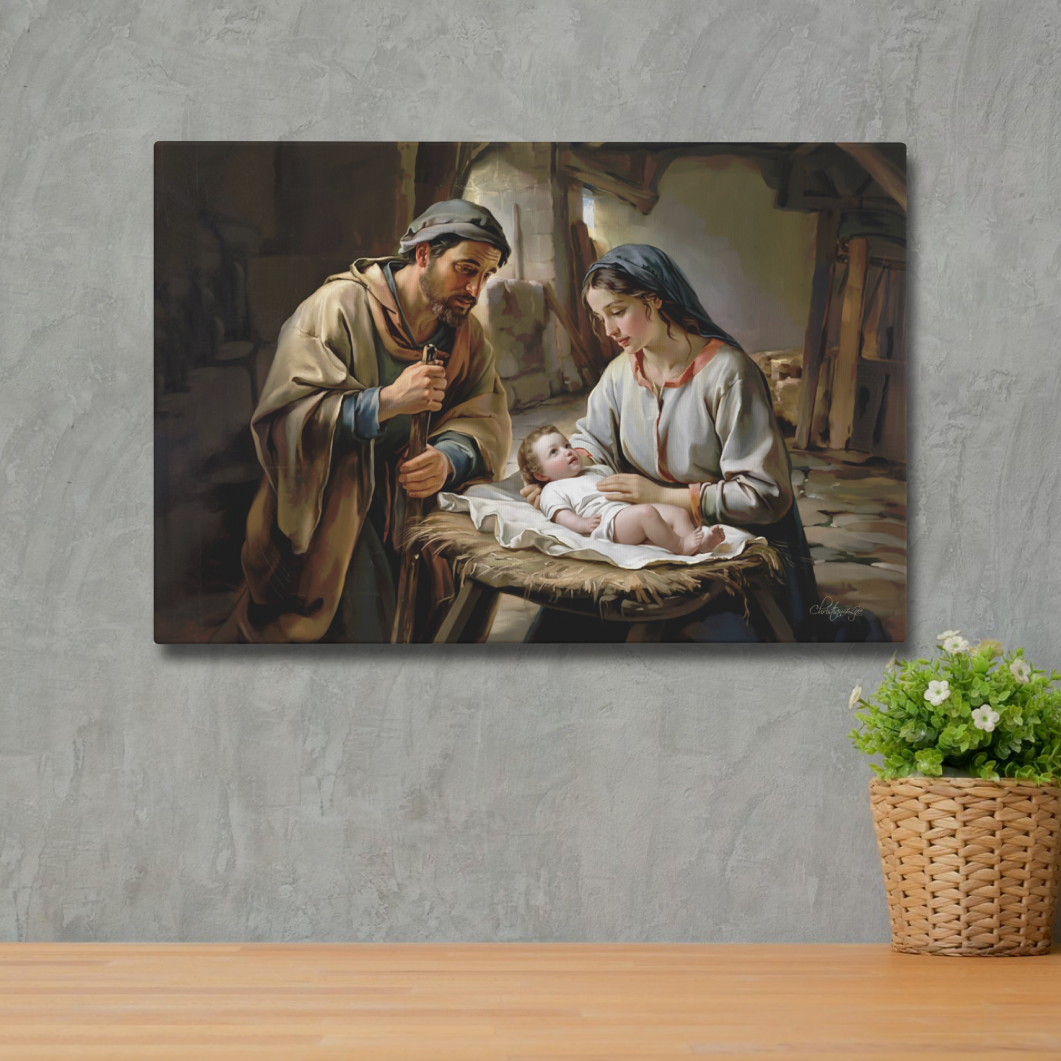 Painting of a religious scene with baby Jesus, Joseph and Mary  on a wooden shelf against a gray wall.