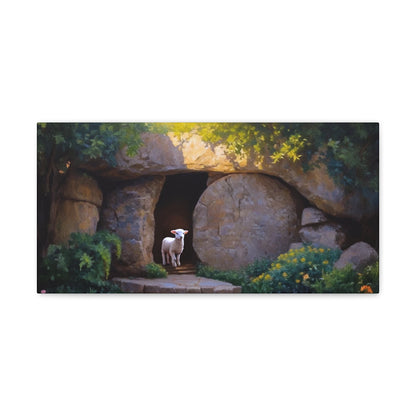 He is Risen, Tomb and Lamb Christian Wall Art Canvas, Easter (multiple sizes)