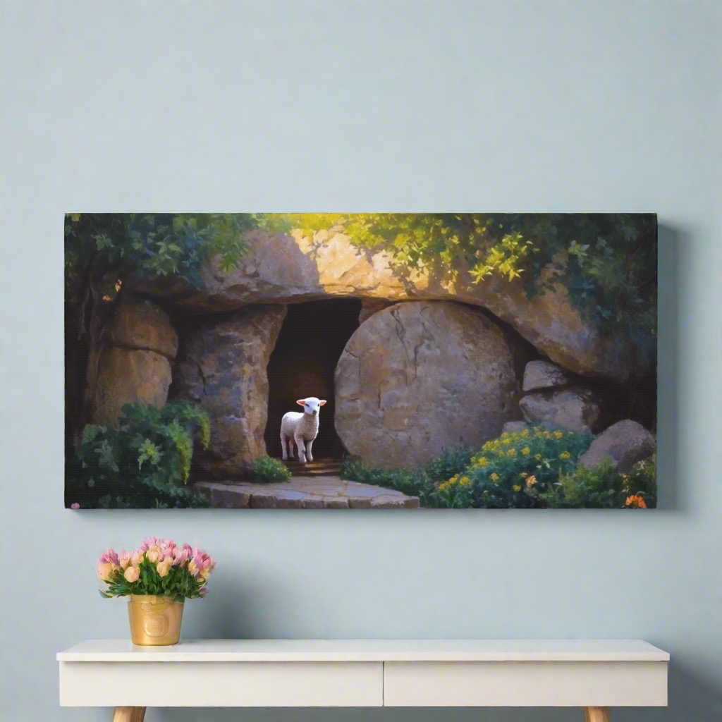 He is Risen, Tomb and Lamb Christian Wall Art Canvas, Easter (multiple sizes)