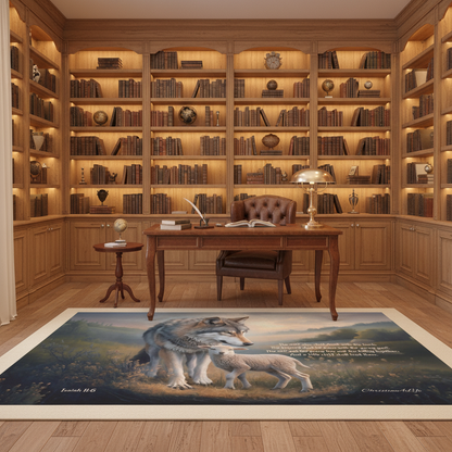 Wolf and Lamb Area Rug — With Isaiah 11:6 Quote - Christian Rug with Black Binding 84" x 60"