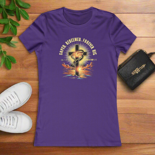 Women's "Saved, Redeemed, Forever His" inspirational style Christian t-shirt