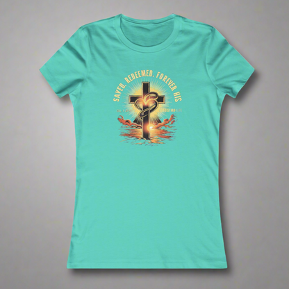 Women's "Saved, Redeemed, Forever His" inspirational style Christian t-shirt